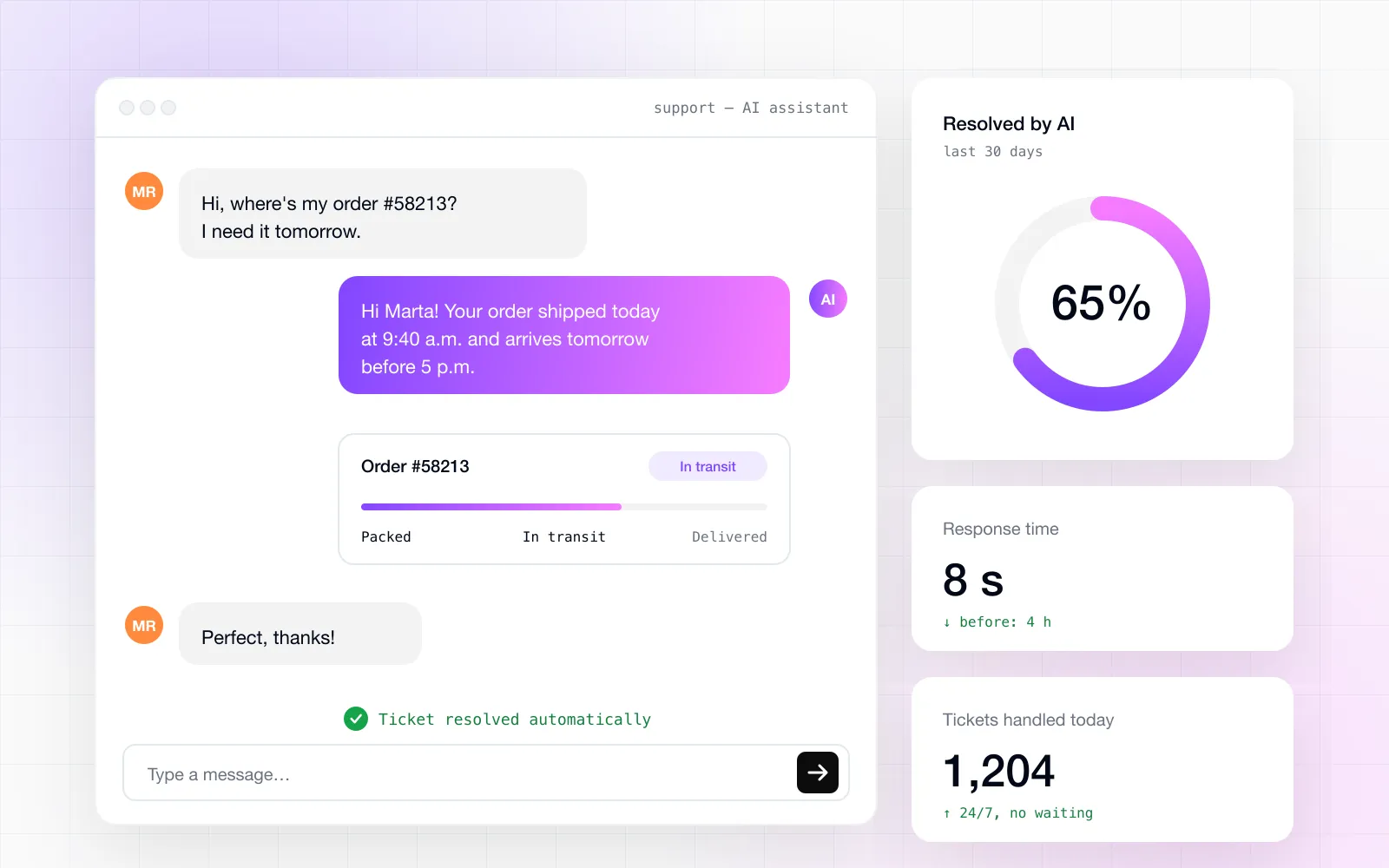 Support chat where an AI assistant shares the status of an order