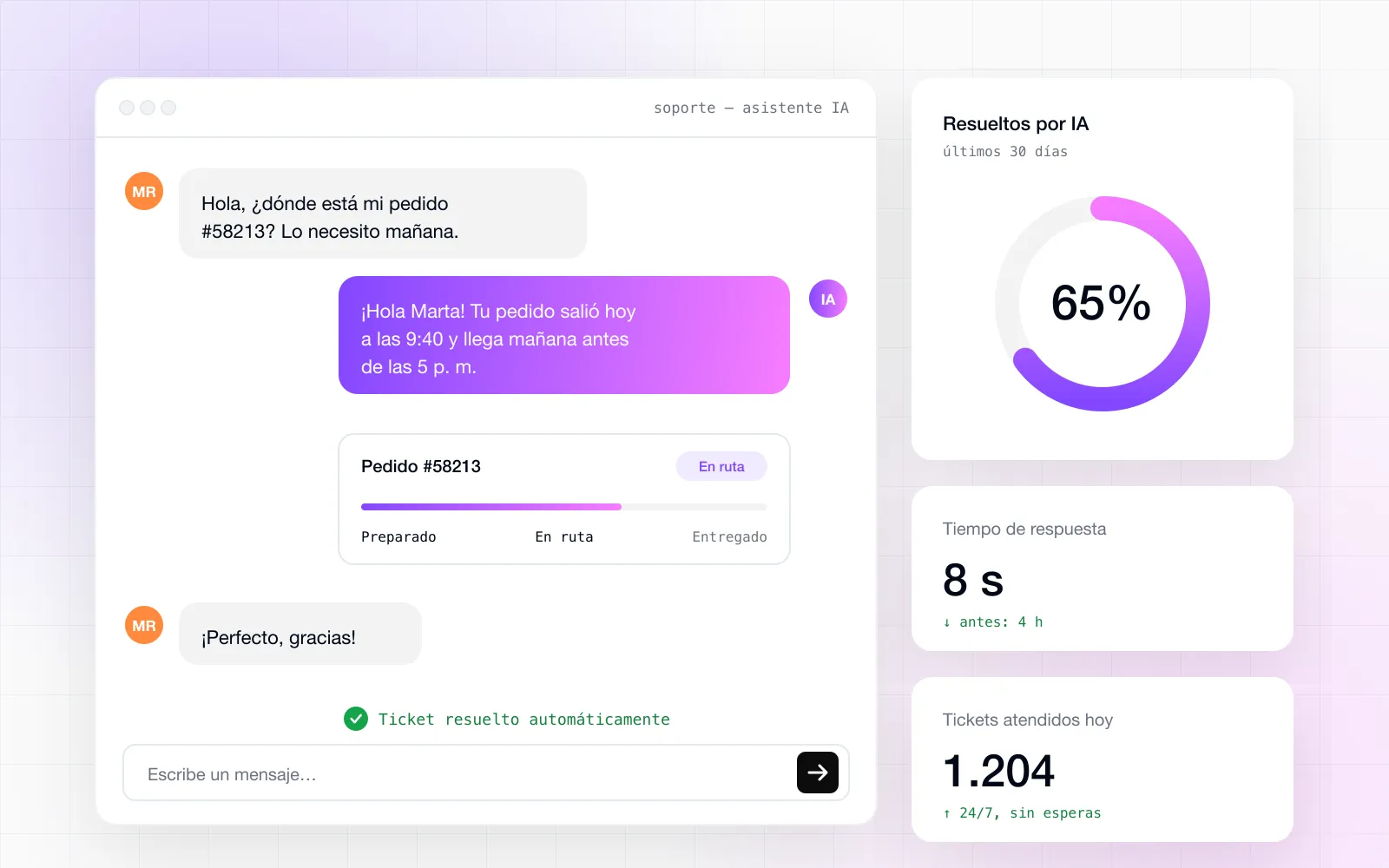 Chat de soporte donde un asistente de IA informa el estado de un pedido
