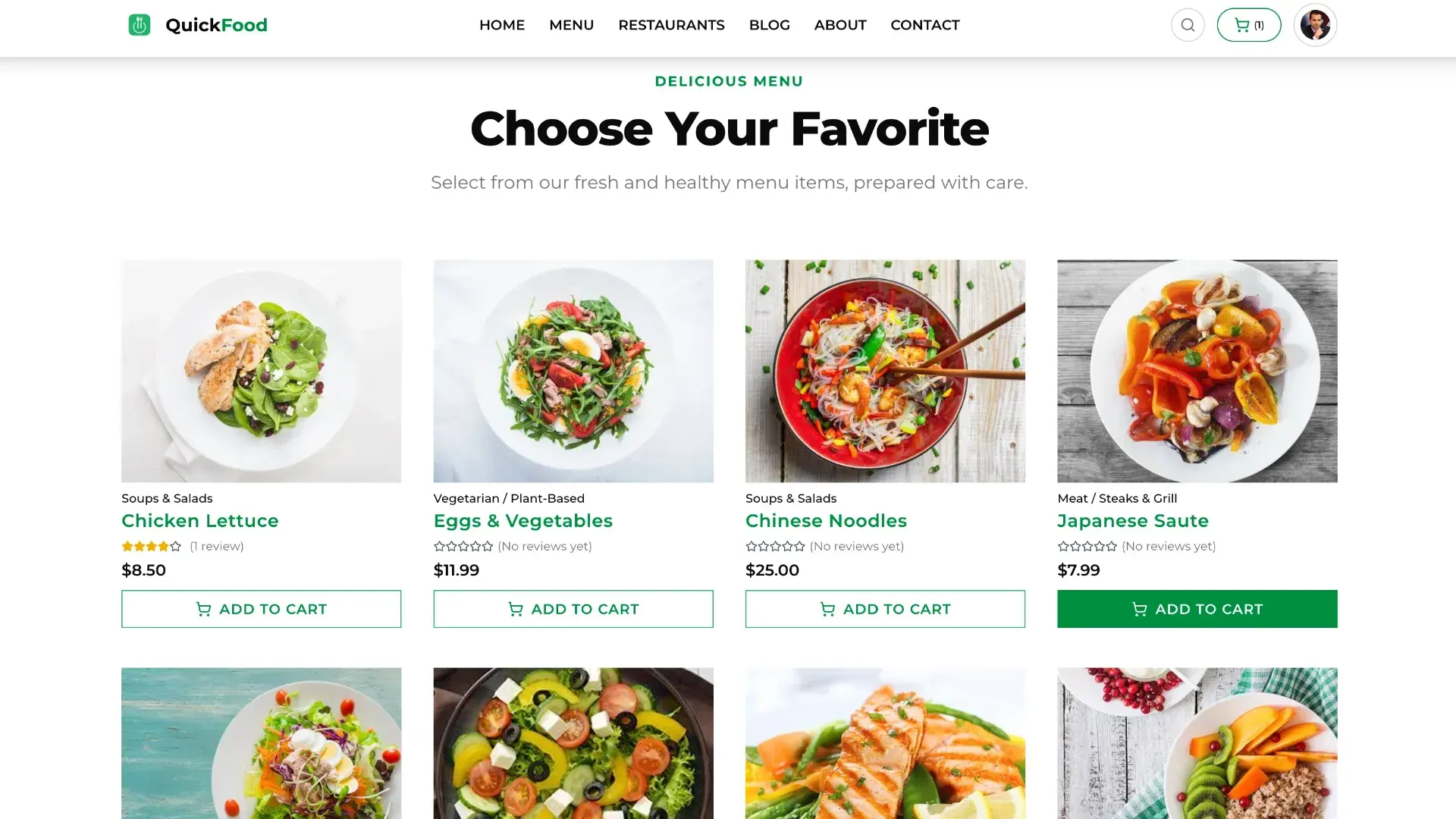 QuickFood menu with dishes, prices and add-to-cart buttons